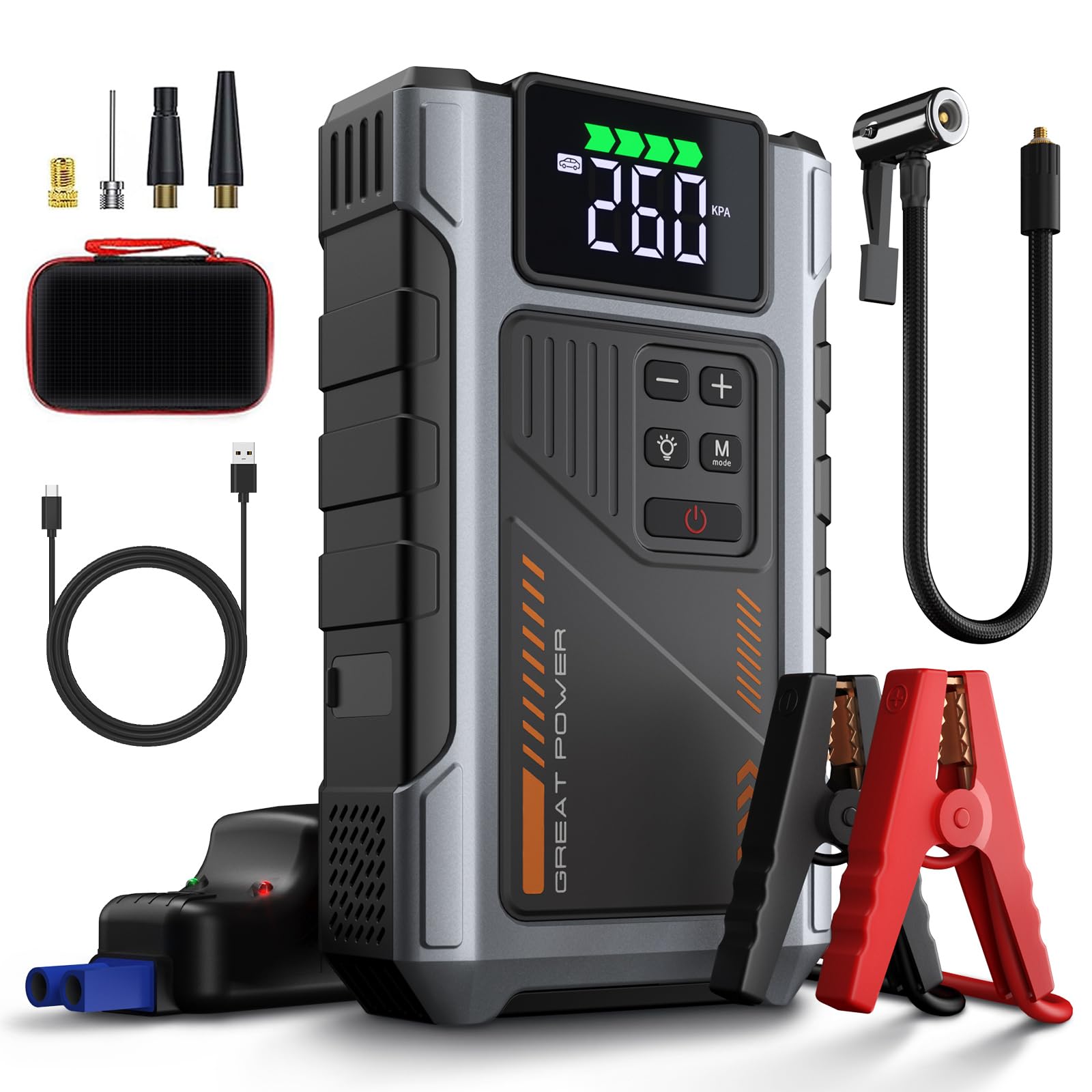 Portable Jump Starter With Air Compressor 2500A Peak With 150Psi Tire Inflator, Jump Box For 12V Car Battery Power Booster Pack